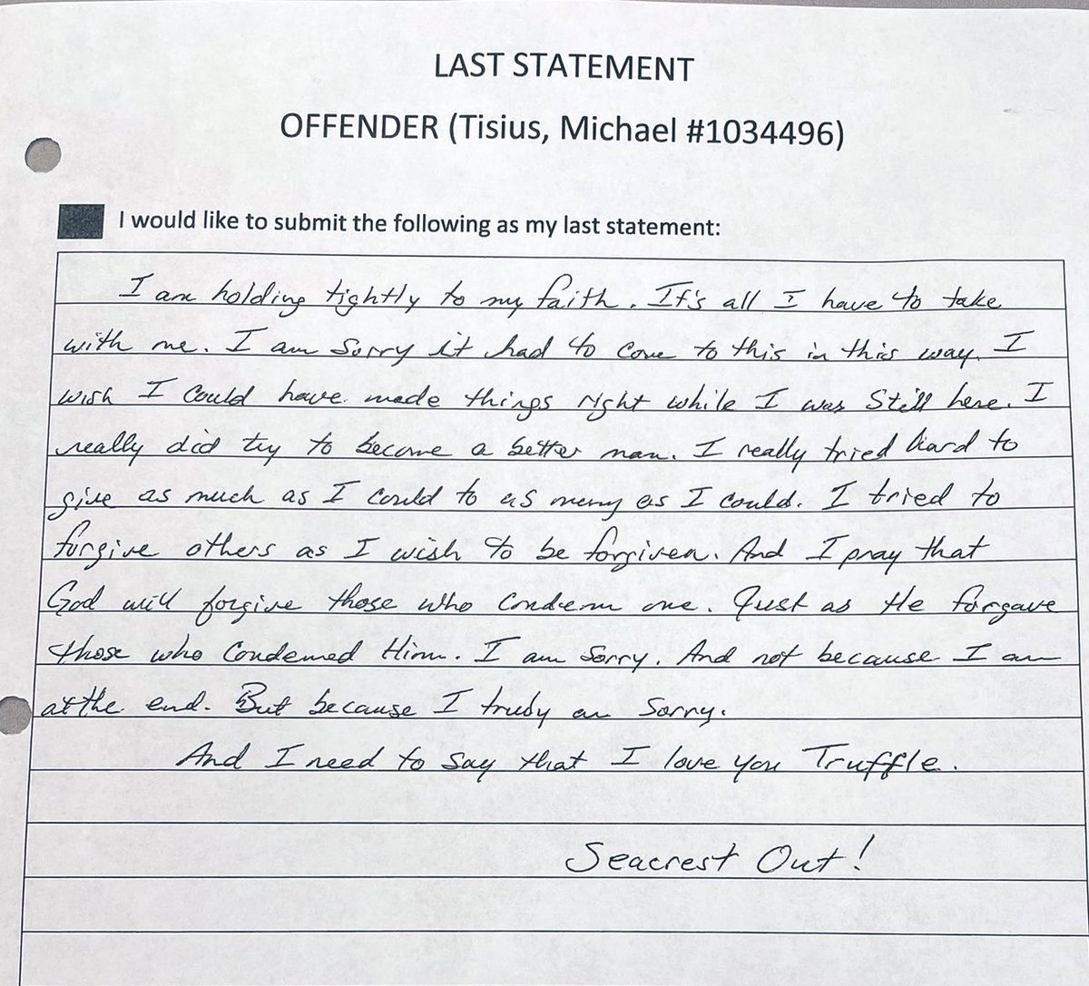 The final statement of Michael Tisius, executed in Missouri on Tuesday night.
Dear America, the death penalty doesn’t heal the wounds of violence. It simply mirrors them, creating new wounds &amp; deepening your pain. The only way to end your killing is to show that killing is wrong.