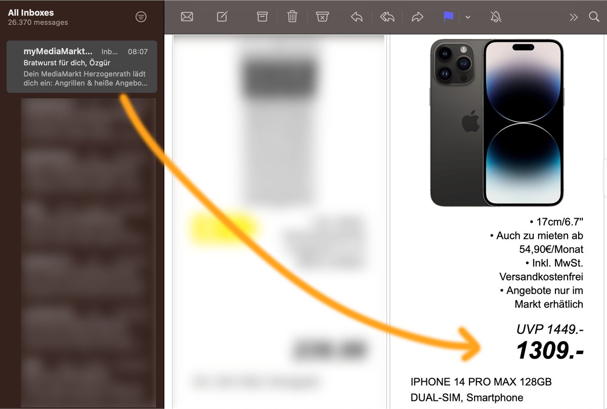 O sırada paralel evrende. Çıkış fiyatı 1.449€ olan iPhone 14 Pro Max'i 1.309€'ya çektiğini bildiren MediaMarkt maili.