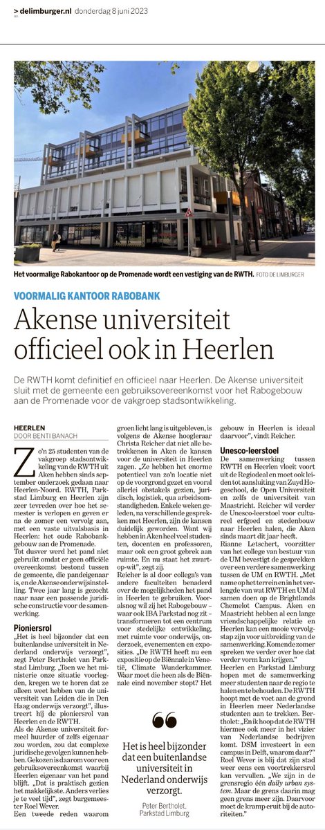 Een belangrijke ontwikkeling voor de regio Parkstad en de grensregio! <a href="/RWTH/">RWTH Aachen</a> Herzlich willkommen in Heerlen. 
#trotsopparkstad Bron: <a href="/delimburger/">De Limburger</a>