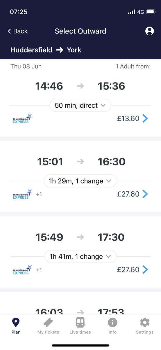 SarahHardingLib's tweet photo. Well, I thought trying to get from Hudds to York yesterday afternoon with @TPEassist was bad, but here are today’s options. And that’s assuming none of these get cancelled too. So looking forward to it. https://t.co/Sd5Ke345jJ