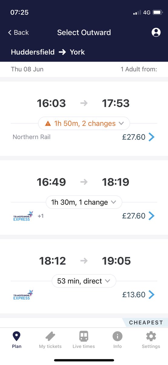 SarahHardingLib's tweet photo. Well, I thought trying to get from Hudds to York yesterday afternoon with @TPEassist was bad, but here are today’s options. And that’s assuming none of these get cancelled too. So looking forward to it. https://t.co/Sd5Ke345jJ