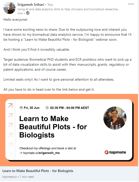 Learn to Make Beautiful Plots - for Biologists

Biomedical PhD students and ECR postdocs who want to pick up a bit of data visualization skills to assist with their manuscripts, grants, regulatory or patent applications, and of course career.
topmate.io/sriganesh_ms/3…