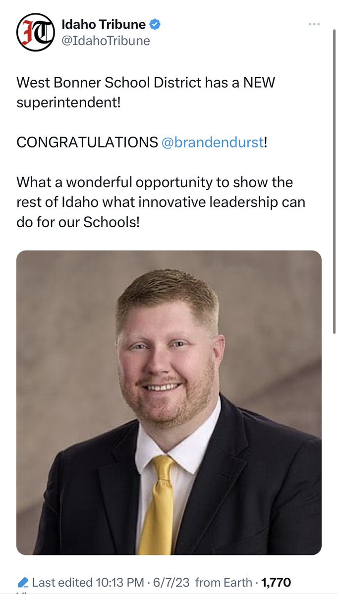 One of the Idaho Freedumbies is the new superintendent of the West Bonner Idaho school district. 
Is his plan to destroy it in the name of ‘school choice’? Or plan a book-burning party on his 1st day? 
#blockedforfreedom #idpol #NoSchoolVouchers