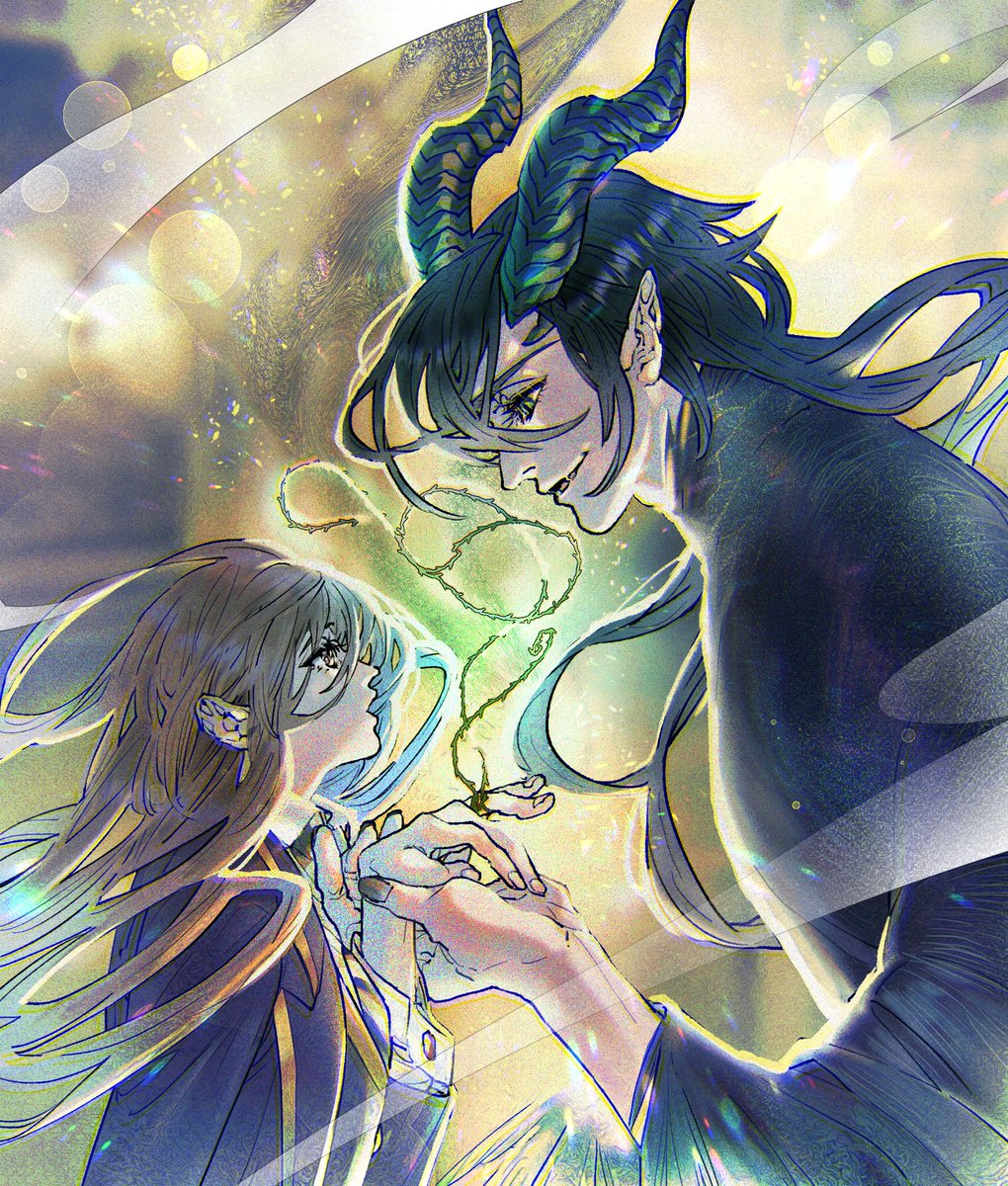long hair horns pointy ears looking at another black hair jewelry demon boy  illustration images