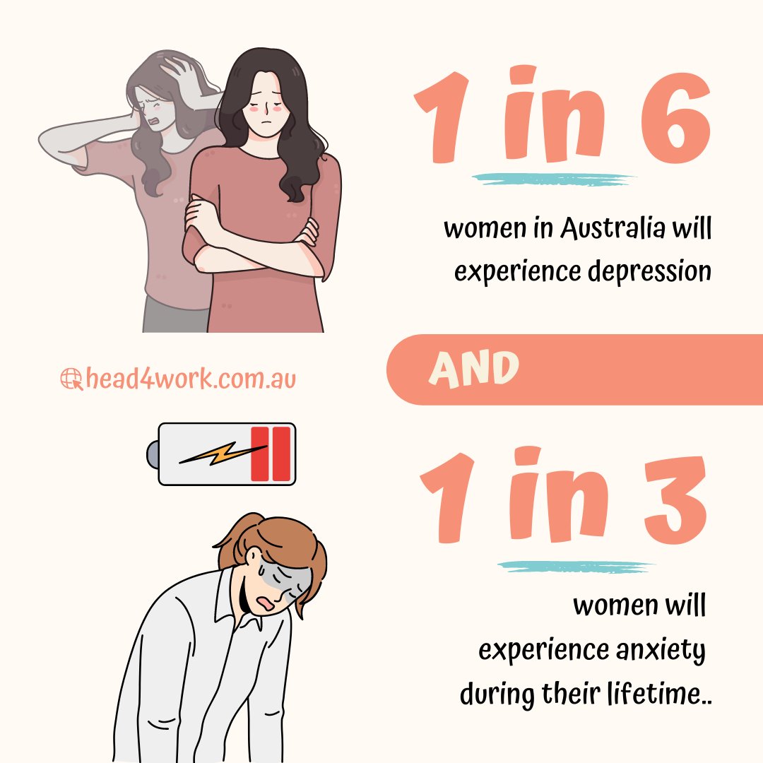 Head4Work's tweet photo. It's time to prioritise your mental health. Did you know that depression and anxiety are two common mental health issues that affect many Australian women?

Let's work together to create a more supportive and empowering workplace for all women.

#DidYouKnow #MentalHealthMatters https://t.co/Pbi5hoyyXT