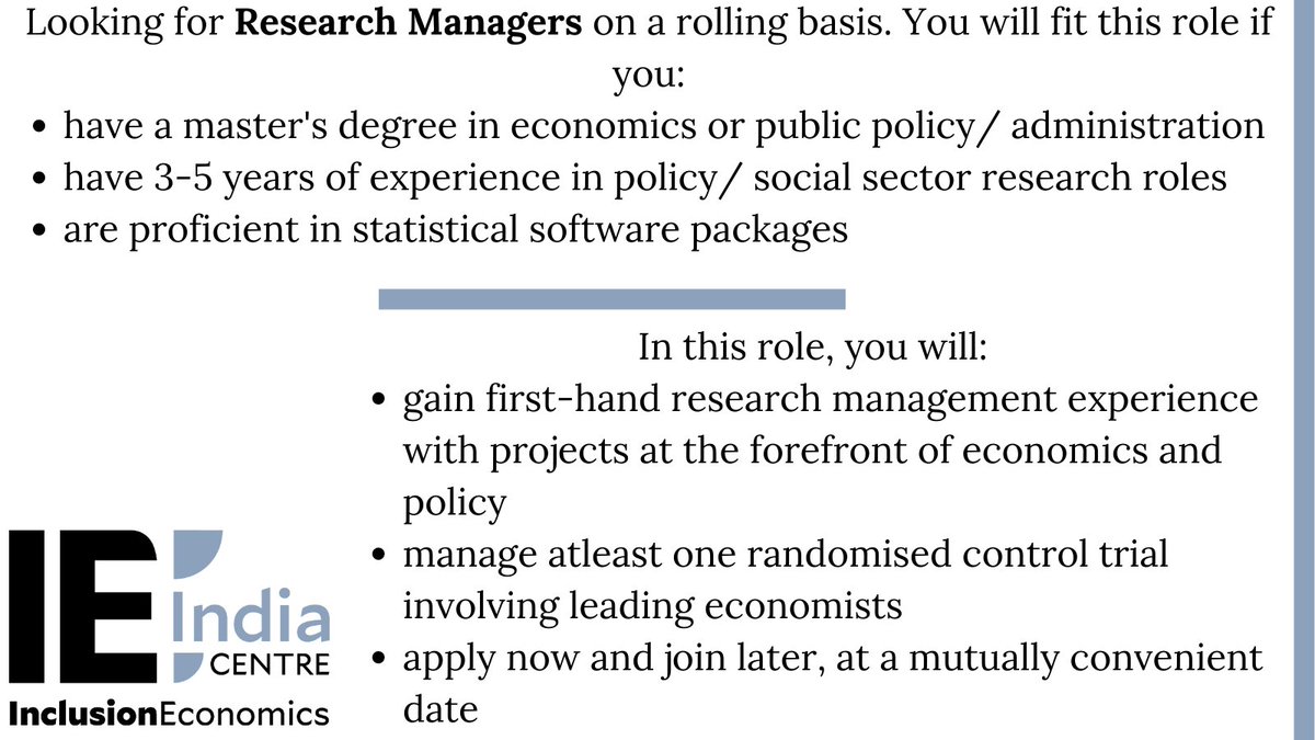 📢We are hiring for Research Managers! 📢
Graduating in economics/ public policy this year and want flexibility on when you start a job? 

Read more about the role and apply here: egc.yale.edu/ie/opportuniti… #econtwitter #econjobsindia #nowhiring #researchjobs #policyjobs