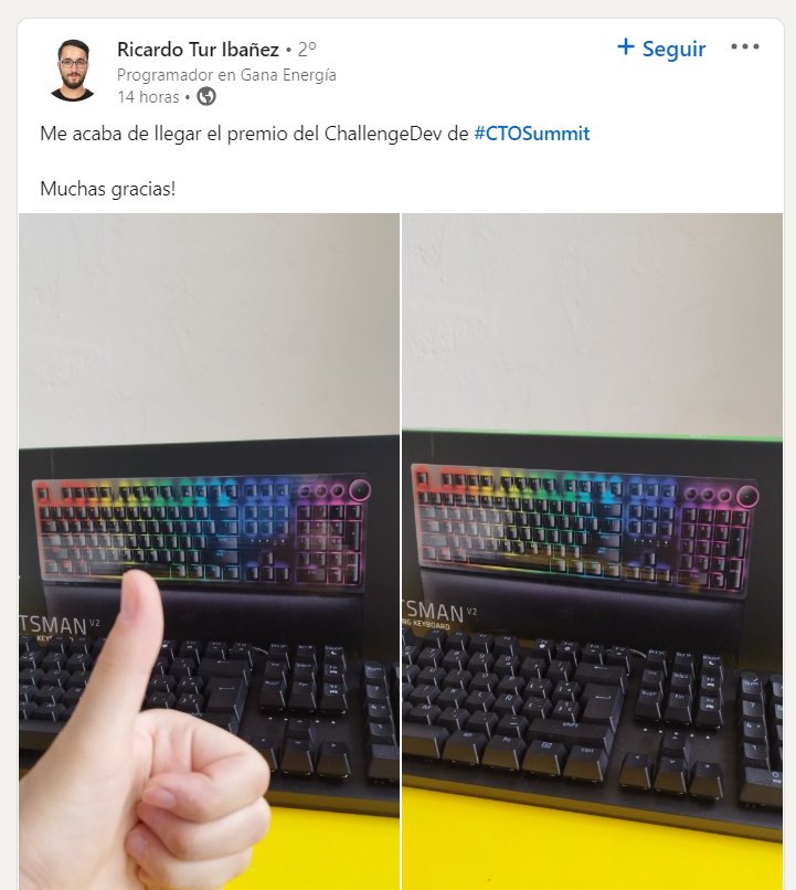 geekshubs's tweet photo. El ganador del #ChallengeDev de https://t.co/BlHB751aA4 que hicimos en el #CTOSummit ya tiene su premio. Que lo disfrutes mucho, Ricardo. Gracias por participar.🚀 https://t.co/V2krnifuyl