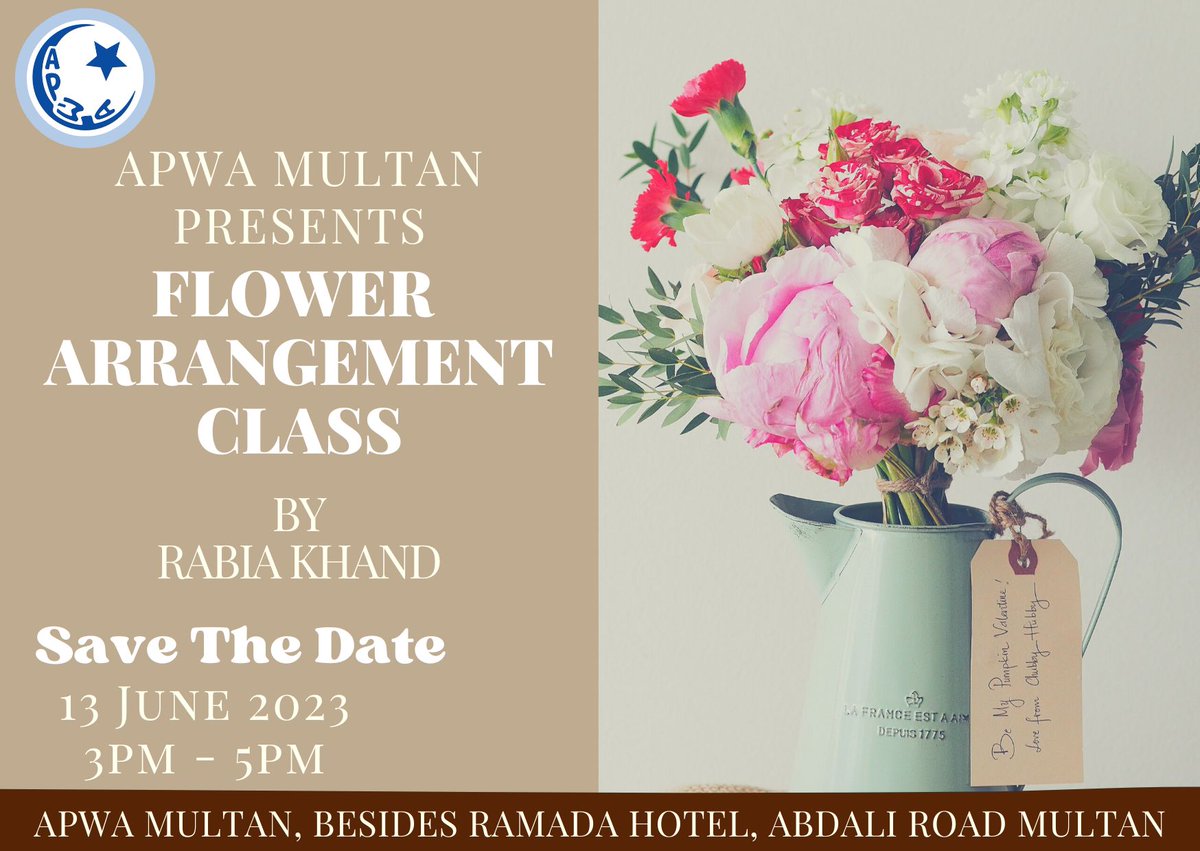ApwaMultan1234's tweet image. Flower Arrangement Class to be held at APWA Multan. 
Limited Slots are available. Contact the mentioned numbers and get yourself enrolled. 
#apwamultan #flowerclass