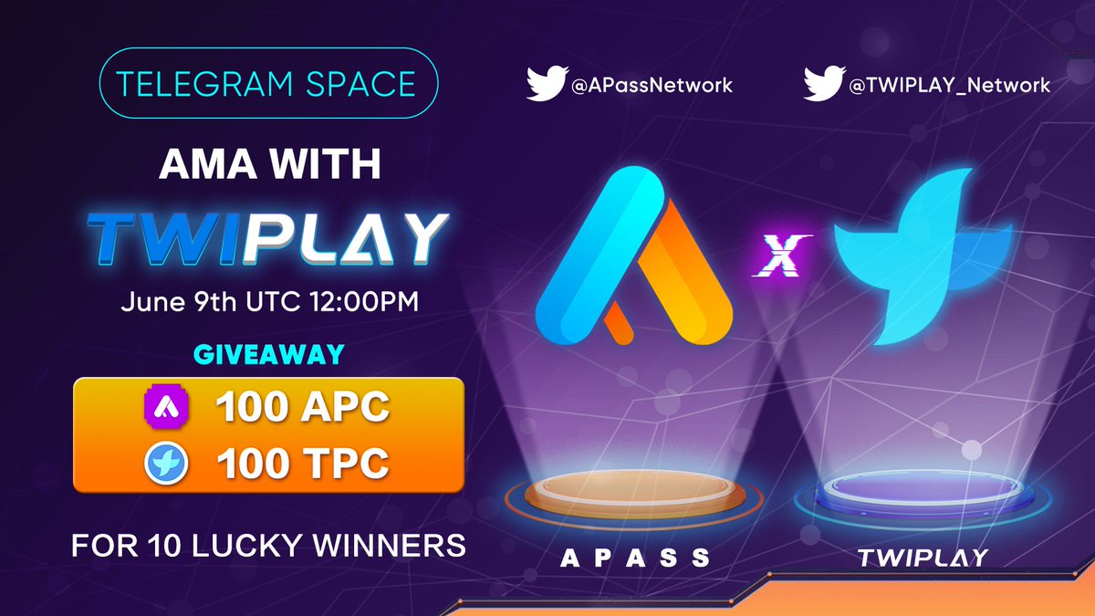 🚀AMA with TwiPlay - the first Web3 Crypto game distribution and social platform based on Twitter
⛳️ t.me/TWIPLAY_Offici…
🕑 June 9th UTC 12:00 PM
💰 APC*100 TPC*100 For 10  Winners

To Enter:
Follow <a href="/APassNetwork/">APass</a> &amp; @TWIPLAY_Network
Like,RT,and Tag 3 friends
#Apass #TwiPlay
