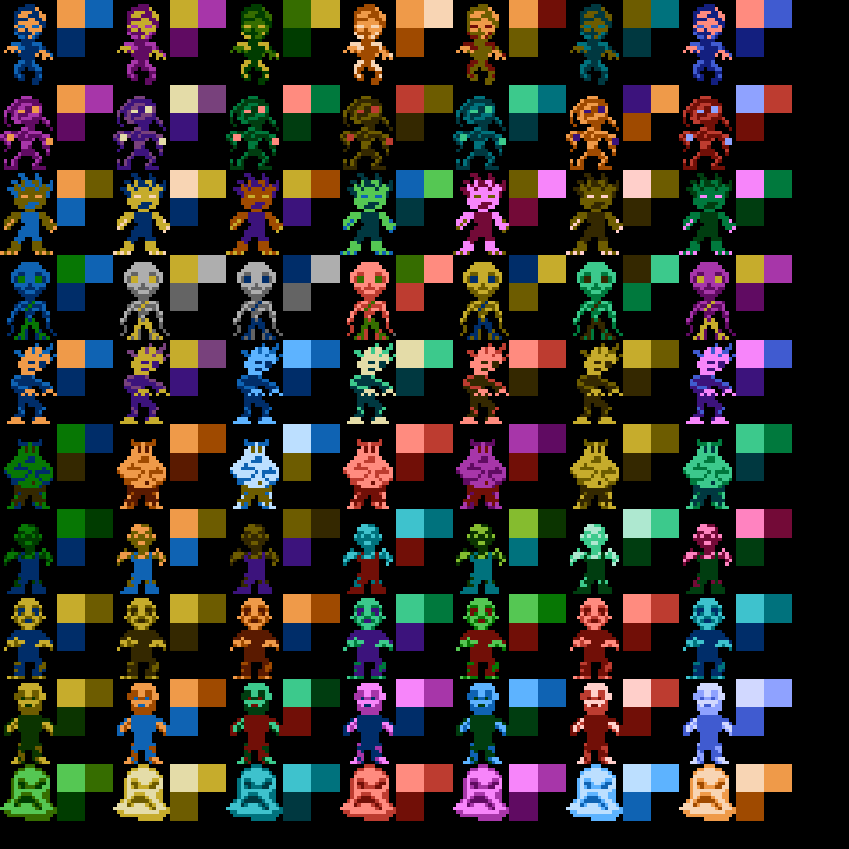 JorinDesign's tweet photo. More monster designs for Zombie Legacy(NES). These are also 16x24 sprites without outlines. All vharacters only have 3 color palette. #NES #indiedev #indiegamedev #8bit #8bitgraphics #sprites #characterdesign https://t.co/nd29sDXmtW
