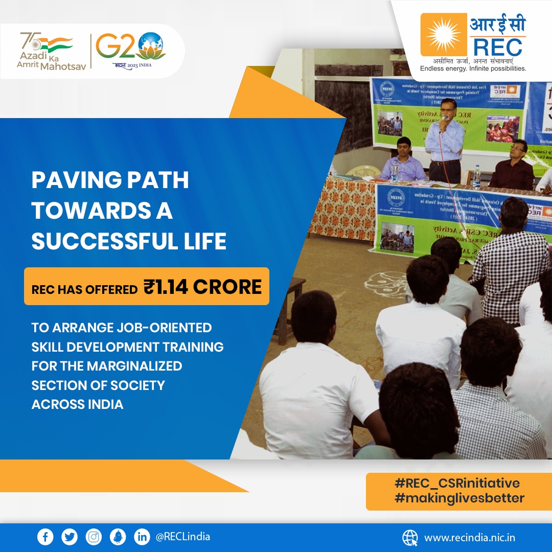 Due to REC’s CSR initiative, 2500 people from the marginalized section of society could avail the benefits of job-oriented skill development training at various locations in India.

#REC #RECLindia #RECLimited #SustainableConsumption #GreenEnergy #PowerSector #MakingLivesBetter