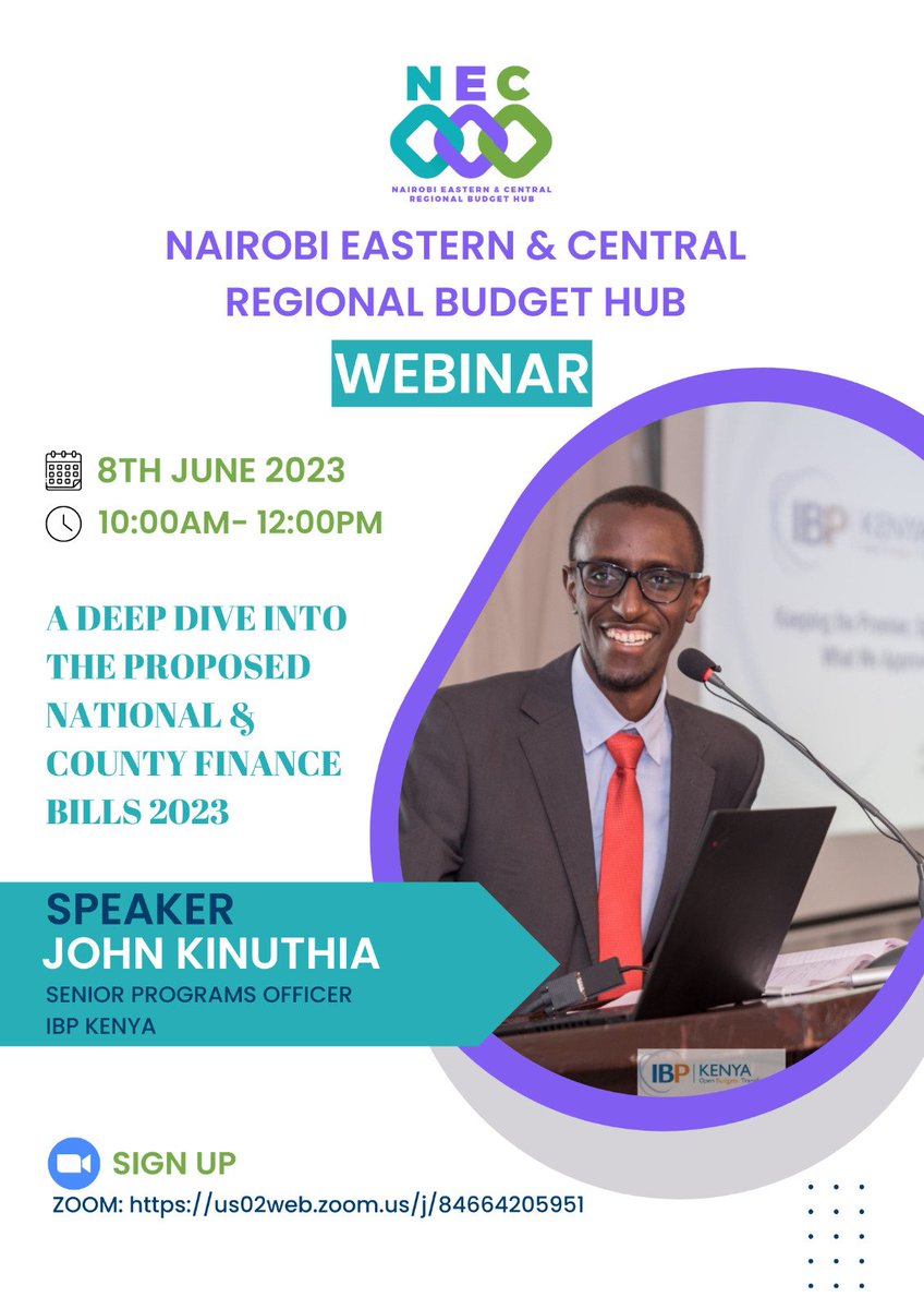 #WebinarAlert 📢

Currently, the Nairobi Eastern and Central Regional Budget Hub is hosting a webinar to further unpack the National and County Finance Bill 2023. 

Webinar link: us02web.zoom.us/meeting/regist…