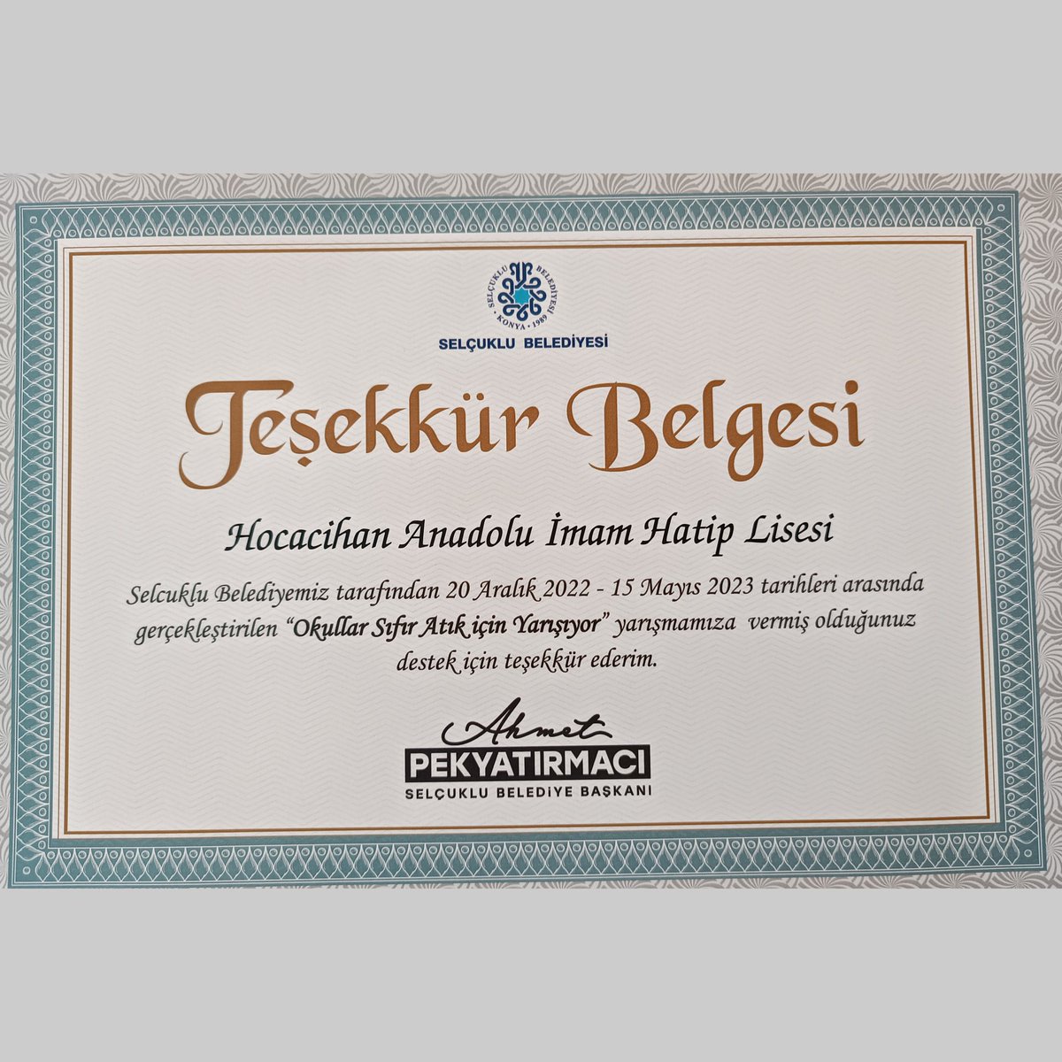 "Okullar Sıfır Atık İçin Yarışıyor"yarışmasına hem Lise hem Ortaokul kategorisinde katılım sağladık.Harun TAŞ ve Emine KARATAYLI Hocamız başta olmak üzere emeği geçen herkese teşekkür ederiz.<a href="/tcmeb/">Millî Eğitim Bakanlığı</a> 
<a href="/TCKonyaValiligi/">Konya Valiliği</a> <a href="/konyamem/">Konya İl MEM</a> <a href="/selcukluilcemem/">Selçuklu İlçe Milli Eğitim Müdürlüğü</a> <a href="/selcuklu_konya/">selçuklubelediyesi</a> <a href="/VeHocacihan/">Hocacihan AİHL ve İHO</a>