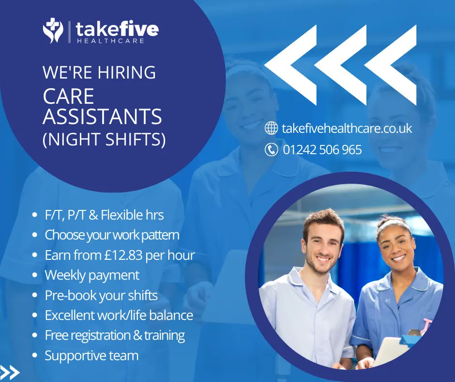 👩🏾‍⚕️👨‍⚕️👨🏾‍⚕️Calling experienced Care Assistants for Night Shifts in Cheltenham! Are you looking for regular work? Join #TeamTakeFive today!! 

👉 🌐🔗 It’s easy to register - buff.ly/45uoLKx 

#CheltenhamCareJobs #TakeFiveHealthcare
