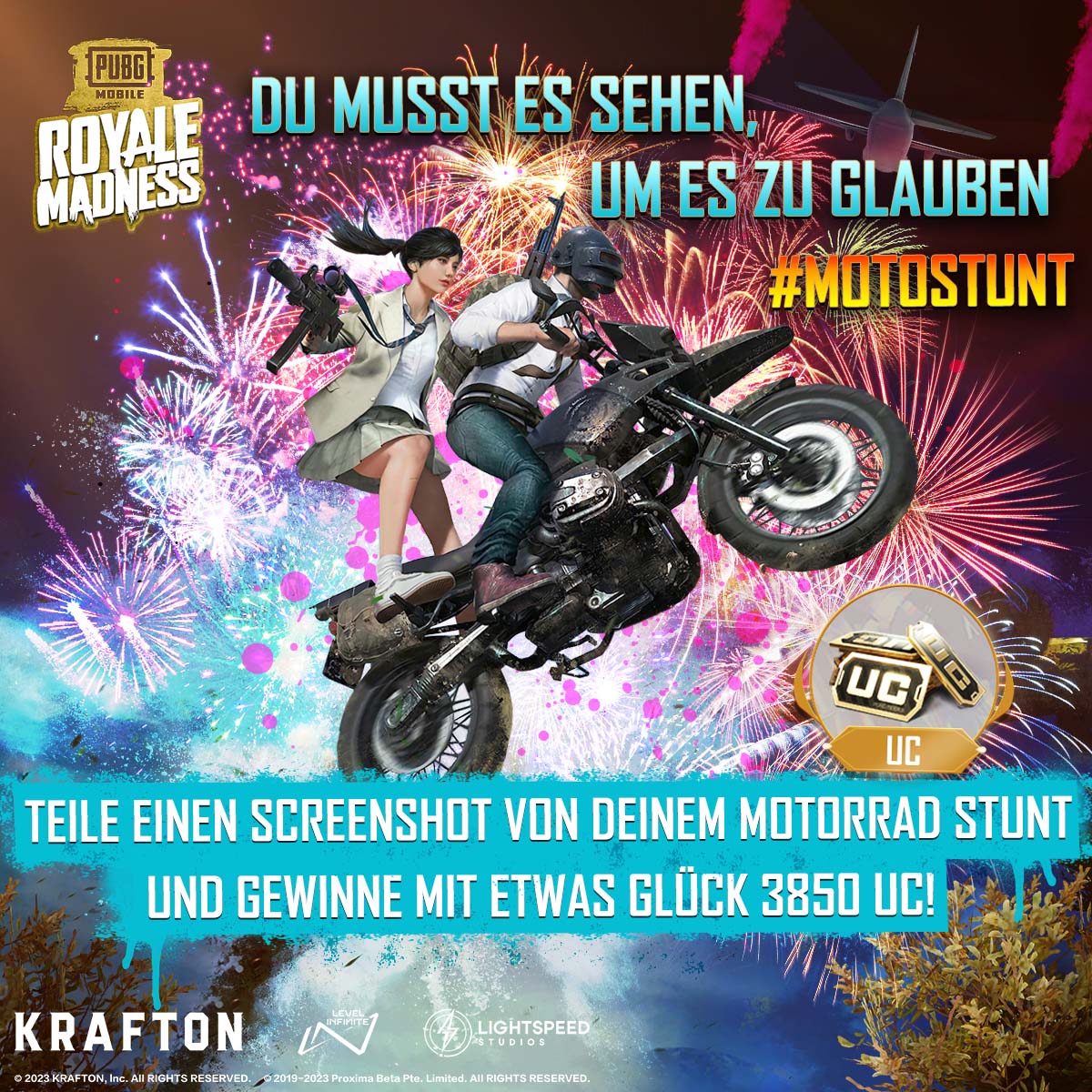 PUBGM_DE's tweet photo. Wie sehr glaubst du an deine Fahrkünste?
Zeig uns dein bestes #MotoStunt Bild in den Kommentaren und erhalte die Chance, 3.850 UC zu gewinnen!
#PUBGMOBILE
#ROYALEMADNESS https://t.co/PwYh4TKnjY