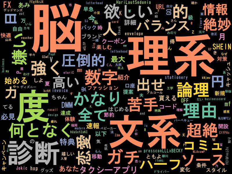 PythonBot0728's tweet image. 2023/06/08 16:00のトレンド1位は #文系脳理系脳診断 !! #python, #Mecab, #wordcloud