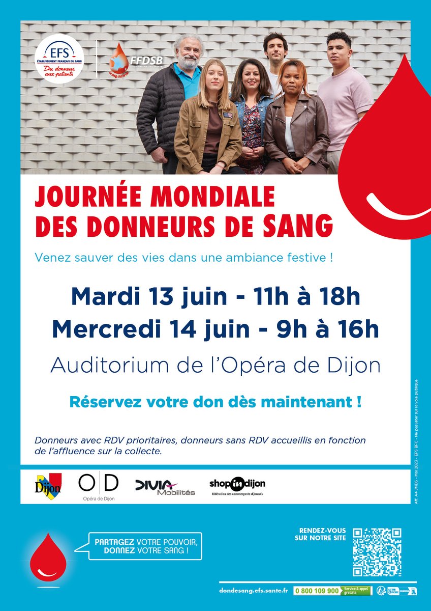EFS : Venez donner votre sang mardi 13 juin de 11h à 18h et mercredi 14 juin de 9h à 16h à l’Auditorium de l’Opéra de Dijon

shop-in-dijon.fr/journee-mondia…