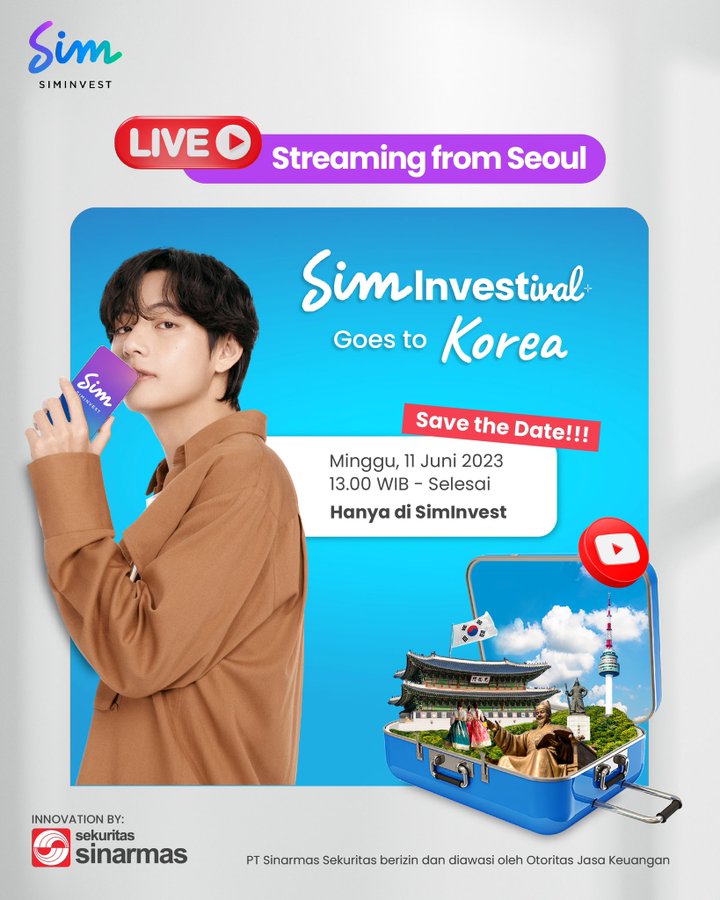 Taehyung Live Fanmeeting 🥳💜

SIMINVESTIVAL LIVE STREAMING FROM SEOUL June 11 13.00 (WIB) | 3PM (KST) 

#PurpleFamily #SimInvestxV #SimInvest #VxSimInvest #sim #V_YOUNG #V #뷔 #BTS 
#방탄소년단 #kimtaehyung #taehyung #btsv #taetae #tae #btsarmy #kpop