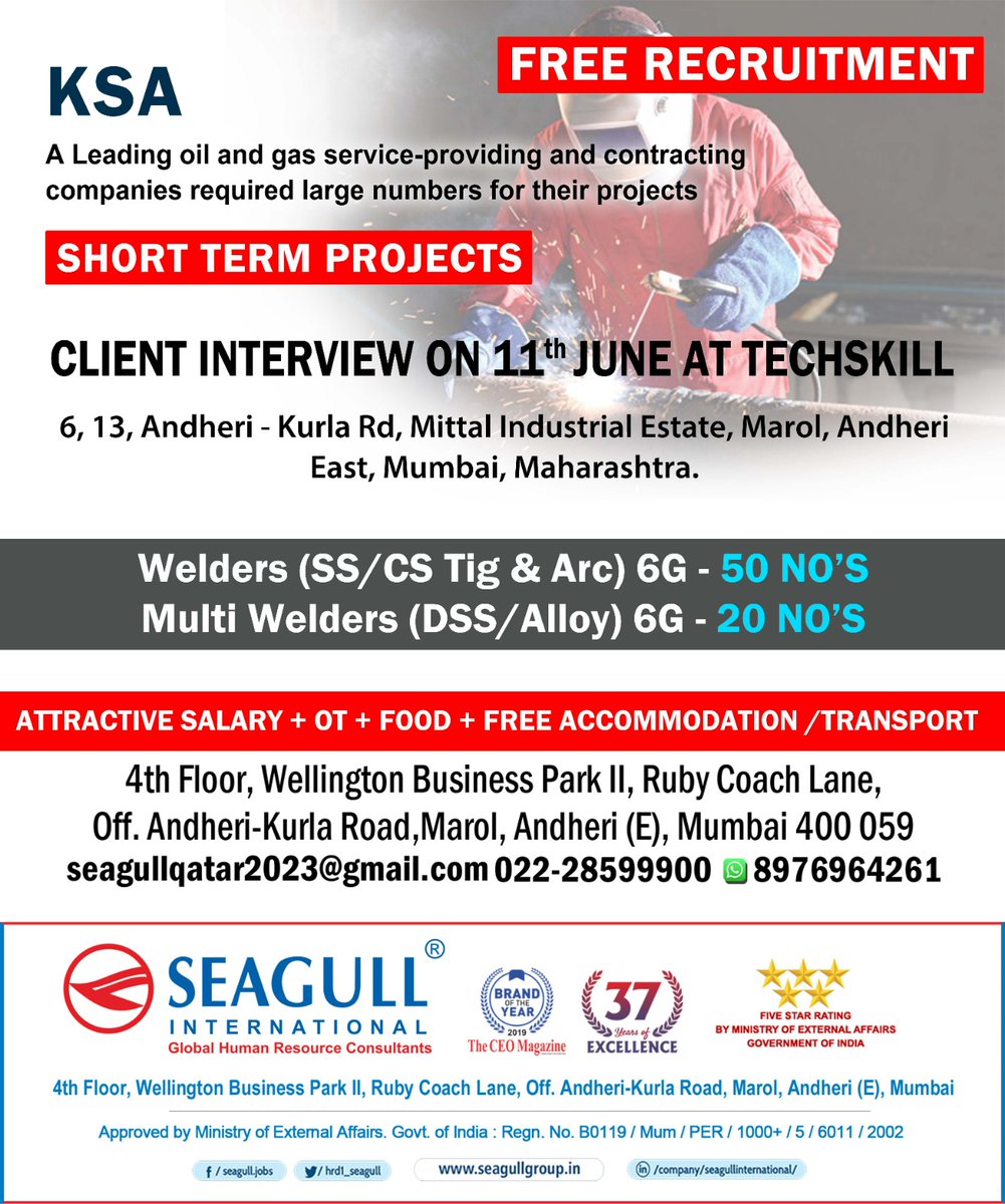 hrd1_seagull's tweet photo. KSA JOBS- FREE RECRUITMENT
SHORT TERM PROJECT
CLIENT INTERVIEW ON 11th JUNE AT TECHSKILL.
.
.
.
#welders #multiwelders #ksajobs #gulfcountries #gulfjobs #interview https://t.co/TSPMRdQCQ4