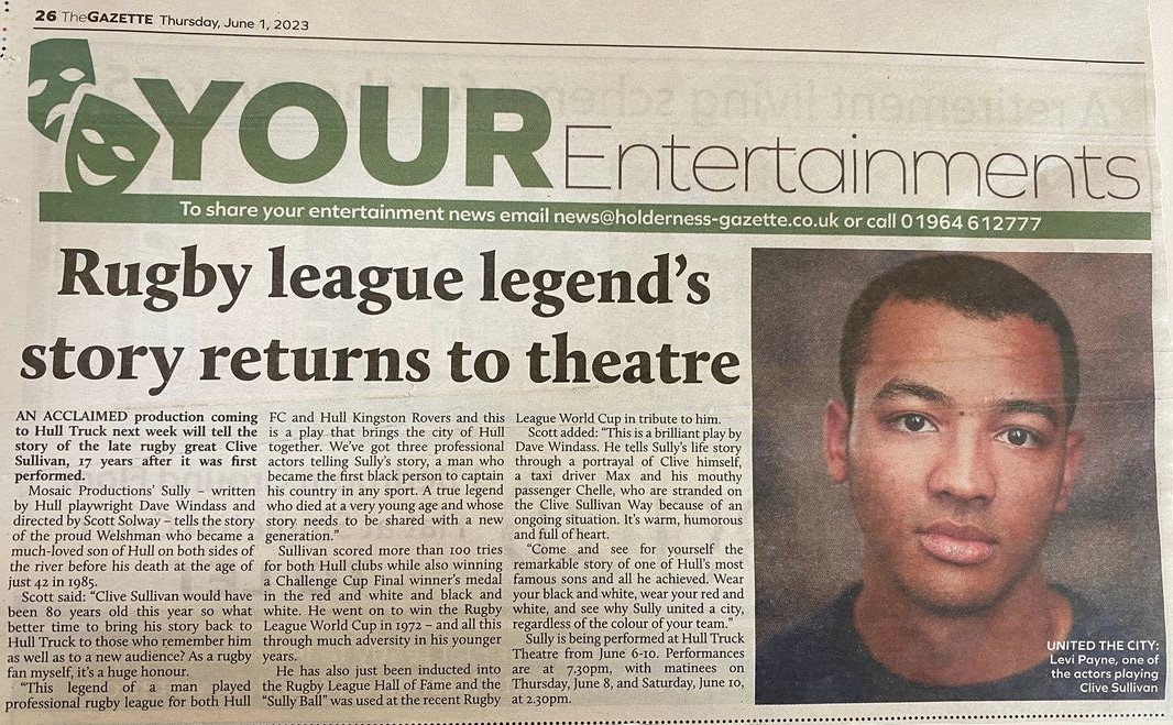 "Sully", #rugbyleague legend's story, returned to <a href="/HullTruck/">Hull Truck Theatre</a> this week with standing ovation.  Read more about the production <a href="/HoldernessNews/">Holderness & Hornsea Gazette</a>.  
#clivesullivan <a href="/SolwayScott/">GeeSol</a> <a href="/DaveW/">Dave Windass</a> <a href="/LeviJPayne/">Levi Payne</a> <a href="/peterj_mcmillan/">Peter McMillan</a> <a href="/AmyLTommo/">Amy Thompson</a>
