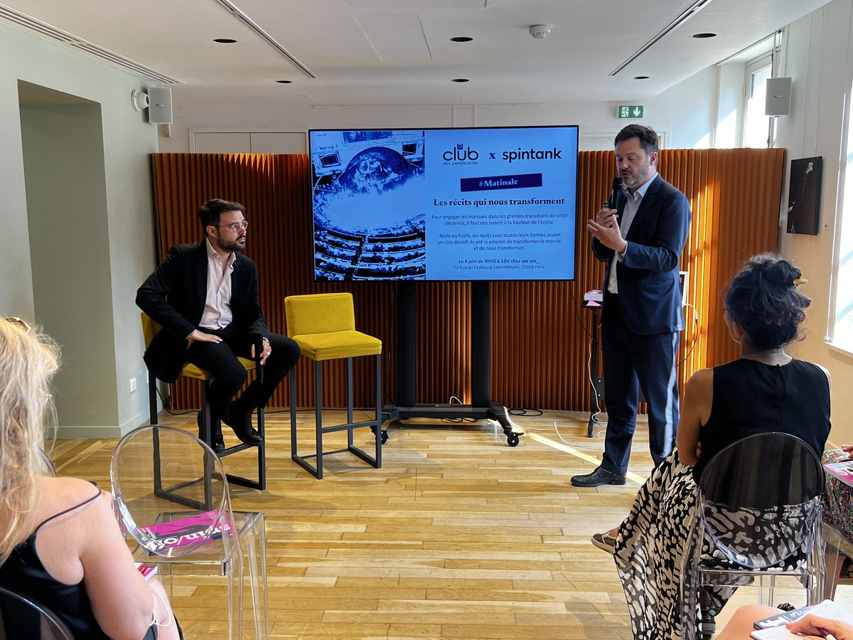 stephanechery's tweet photo. Qu’est ce qu’une bonne histoire ? Conférence matinale du @Club_Annonceurs avec @spintank sur les récits qui nous transforment et qui engagent les marques dans les grandes transitions de cette décennie. Comprendre les enjeux et trouver les leviers à hauteur de la quête de sens. https://t.co/54H3uUyvCM