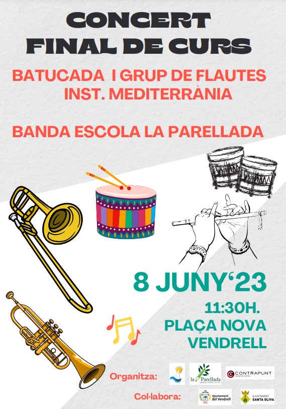 sebaixpenedes's tweet photo. Avui el grup de flautes i la batucada de l'INS Mediterrània @InstitutMedite1 la banda de l'ESC La Parellada  @e3005595 estaran a la plaça nova del Vendrell a les 11:30h per fer-nos gaudir amb el seu concert de final de curs! No us ho perdeu! 

#concerts #finalcurs https://t.co/MnggDCm5qR