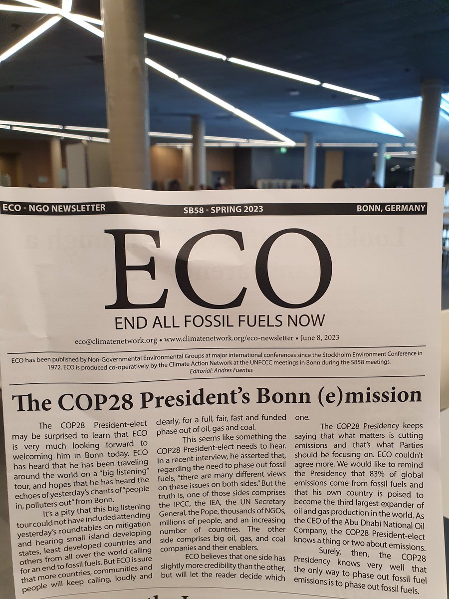 FannyPetitbon's tweet photo. 👀 Something is happening this morning at #BonnClimateConference...  clear message sent by civil society to welcome the #COP28 President for his 1st day on site at #SB58.
The future must be #FossilFree ! https://t.co/MqnXk5V5kc