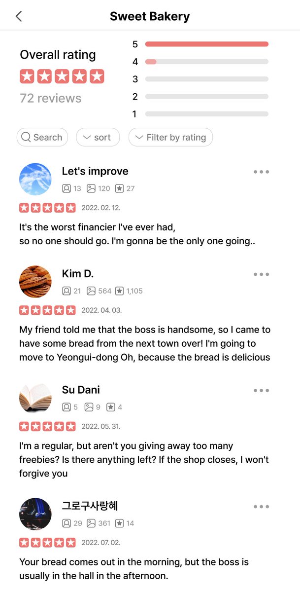 FB_NPC's tweet photo. The NPC looked at the reviews of Sweet Bakery, a local restaurant in Yeongui-dong. Is it just me or does it seem like there's more comments about the boss than the bread? 🤔

#Picka #Friendsbooth #NPCs_Secret_Report #Financier https://t.co/6YnkFqx8pw