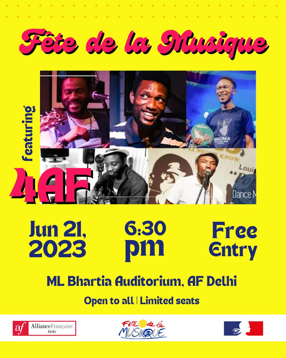 alliancefrdelhi's tweet photo. Taking part in the worldwide festivities, this year, AF Delhi will be celebrating #FDLM2023.
We are thrilled to invite you for the music concert by #4AF which is a talented francophone #livemusic band based in Delhi, India.
🗓 : 21 June
🕰 : 6:30 pm
📍: ML Bhartia Auditorium https://t.co/rQc5u8OELR