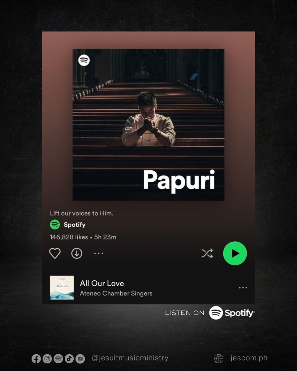 JesuitMusicPH's tweet photo. Thank you @spotifyph for featuring "All Our Love" by @ACS_sings in the Papuri playlist.

This track, composed by Von De Guzman, is part of ACS' newest album, "Acclaim" a new mass setting for Ordinary Time. Listen to the full album here: https://t.co/TjYPcL2RHF #moreACS #jmm https://t.co/hcOtAHMaUp