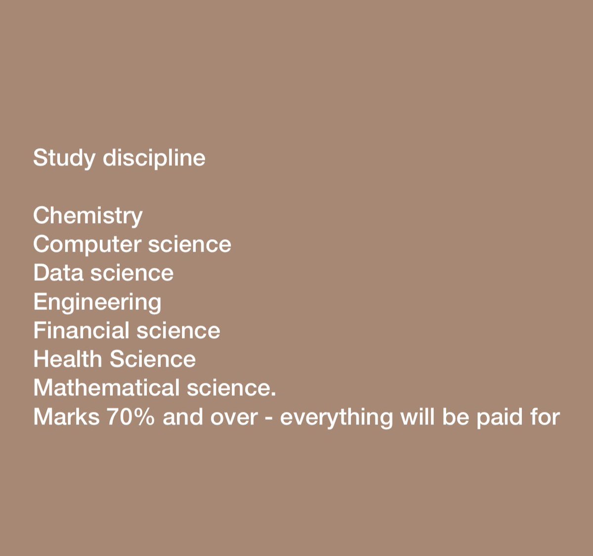 Bursary Opportunity of a lifetime!! All expenses paid (tuition fee , accommodation, textbooks and allowances) 

If you have a child, a niece, a nephew,  a neighbour’s child who is doing extremely well in High School. Can’t afford to take them to University. 70% pass rate, DM me.