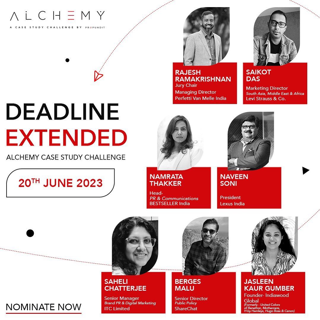 PR Pundit Havas Red (@prpundit_india) on Twitter photo We are delighted to witness such an impressive response to our case study challenge, Alchemy. We have decided to extend the deadline for more participants to join in. The new date is now set for the 20th of June, 2023!
Nominate now - alchemy@prpundit.com We are delighted to witness such an impressive response to our case study challenge, Alchemy. We have decided to extend the deadline for more participants to join in. The new date is now set for the 20th of June, 2023!
Nominate now - alchemy@prpundit.com
