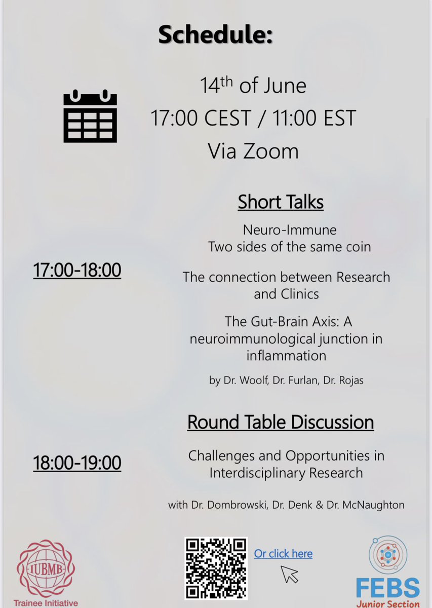 Don’t miss @iubmb_trainee and @FEBS_JS event on interdisciplinary research - with research talks on #neuroimmunology followed by round table discussion
June 14 at 17:00 CST/11:00 EST
Register: us02web.zoom.us/webinar/regist… 

@FEBSnews @ASBMB