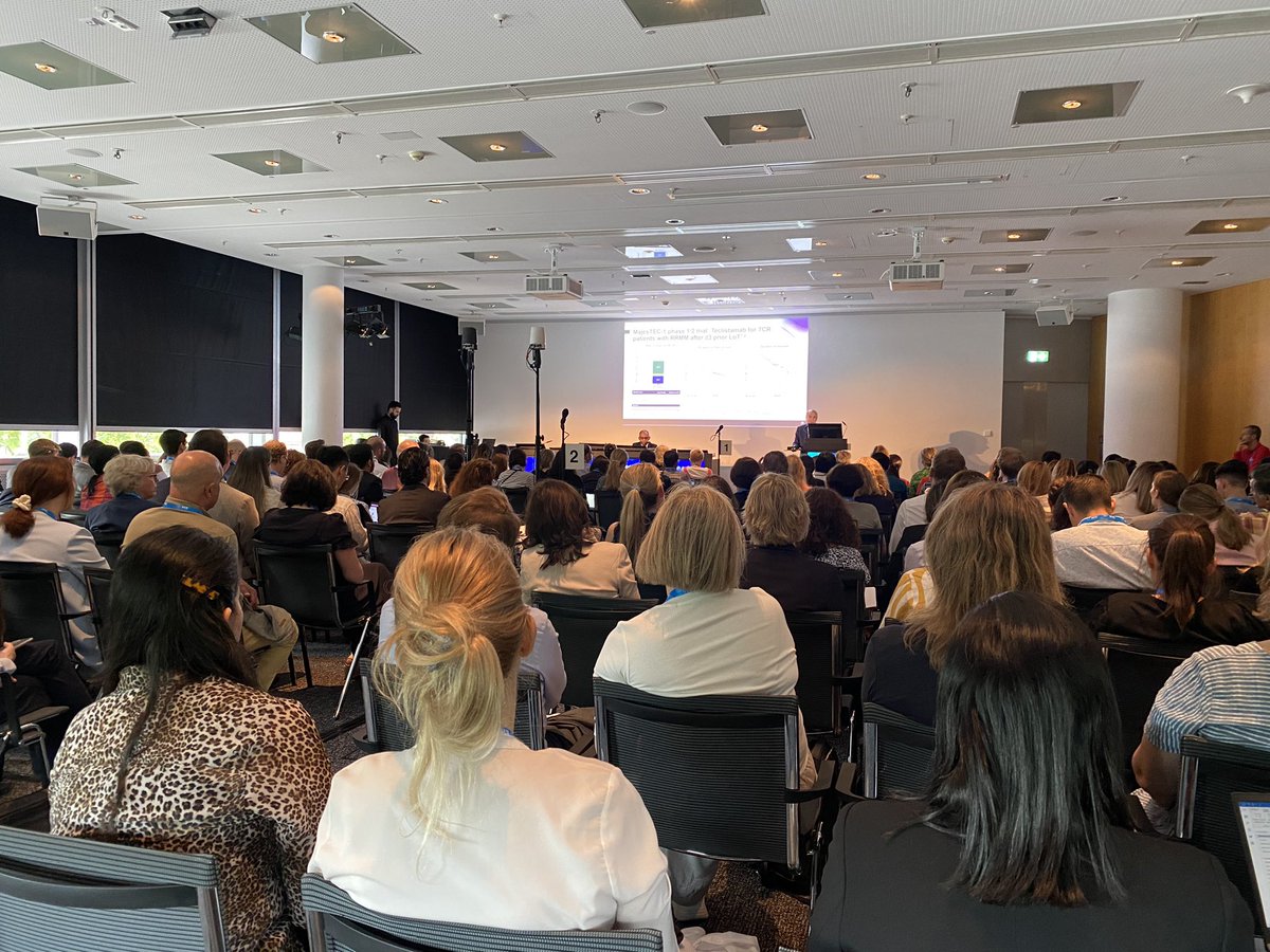 DocDEHA's tweet photo. A full room and a lot of interest at the Pfizer-sponsored symposium ‘Current Advances and Future Opportunities in the treatment of Relapse/Refractory Multiple Myeloma’ at #EHA2023 https://t.co/6jlX0f0EyL