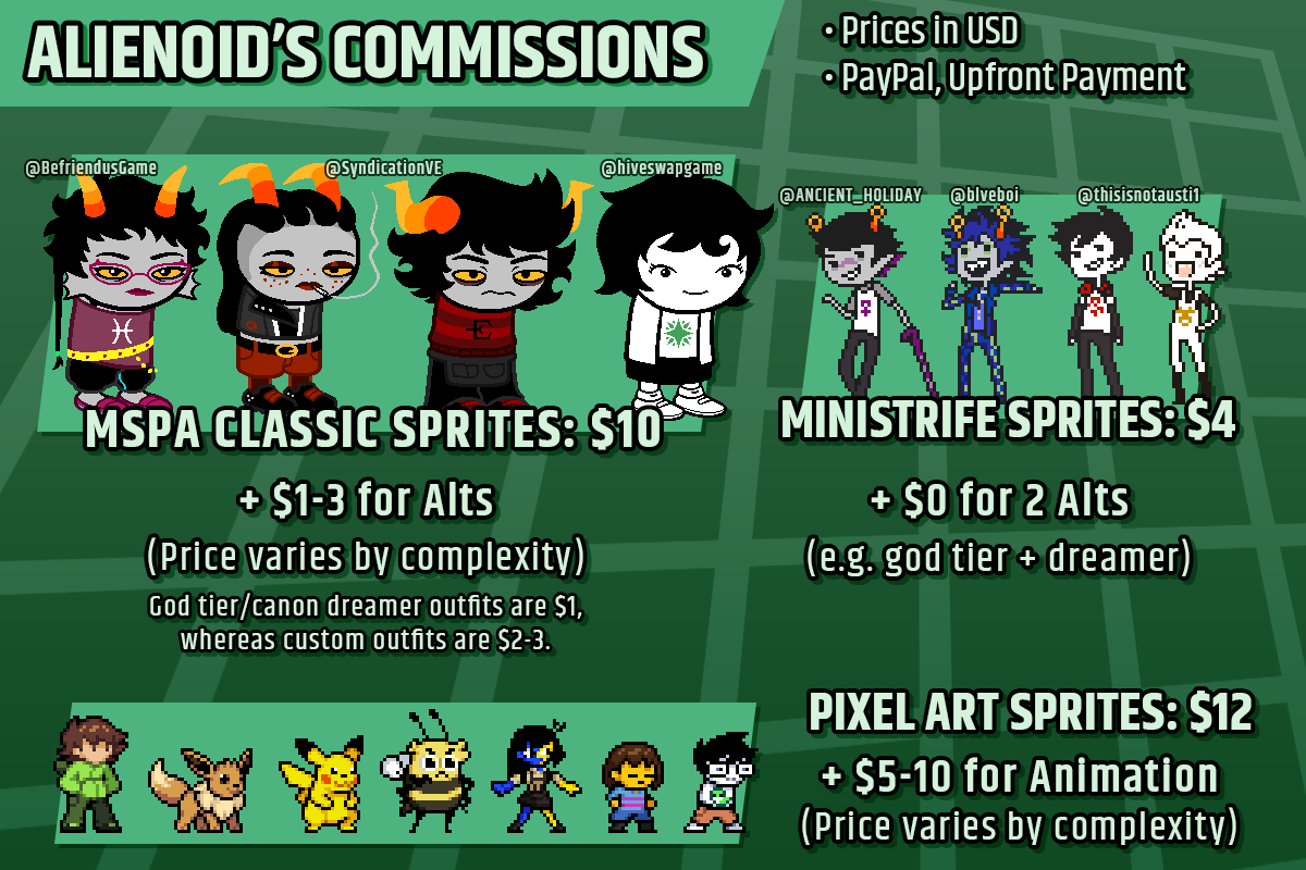 AlienoidNovace's tweet photo. Realised I needed to update my commission contact info with the new Discord update and took the time to make a few other tweaks here and there as well. Hit me up if you're interested! #homestuck #commissions #pixelart #trollcall https://t.co/PbkIk9iClP