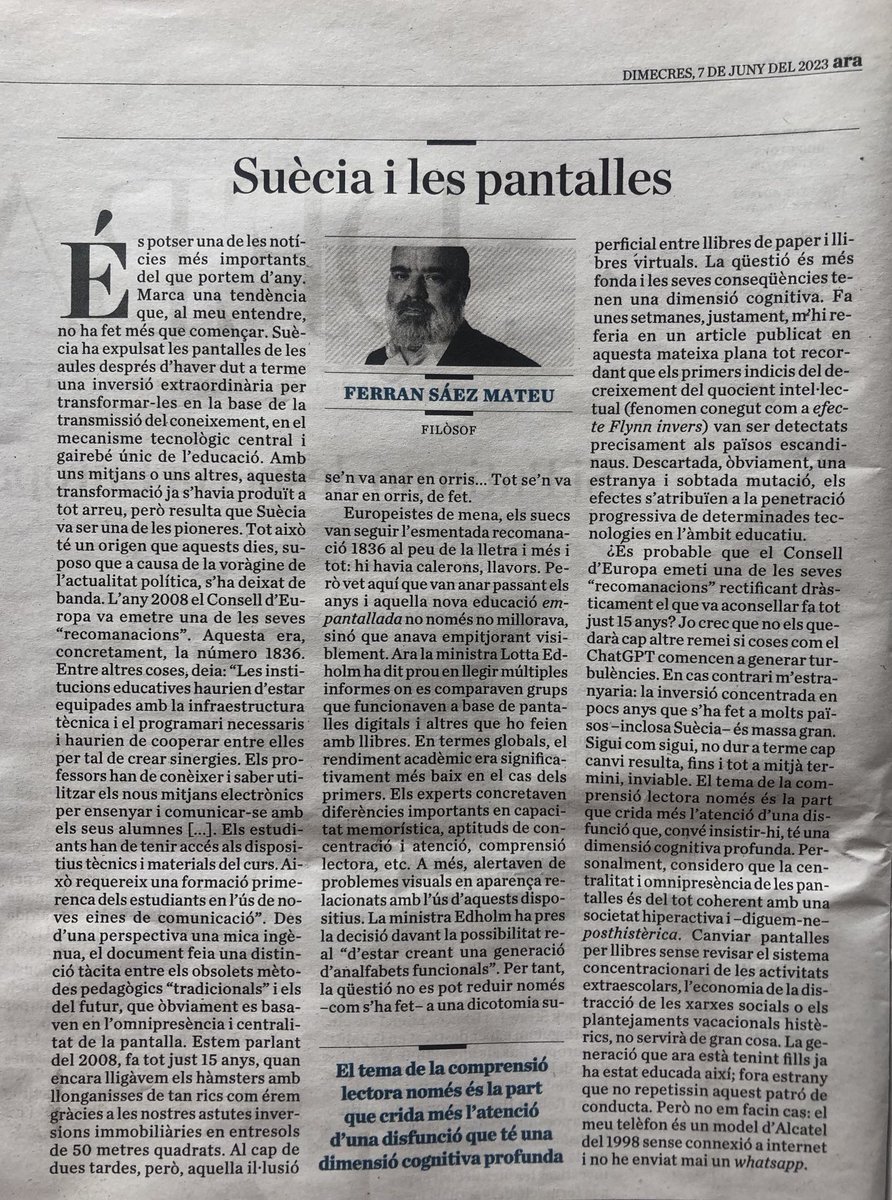 Suècia ha expulsat les pantalles de les aules per un risc de crear “analfabets culturals”. Els seus informes  demostren que estaven empitjorant el rendiment acadèmic, la memòria, la concentració, l’atenció i la comprensió lectora.