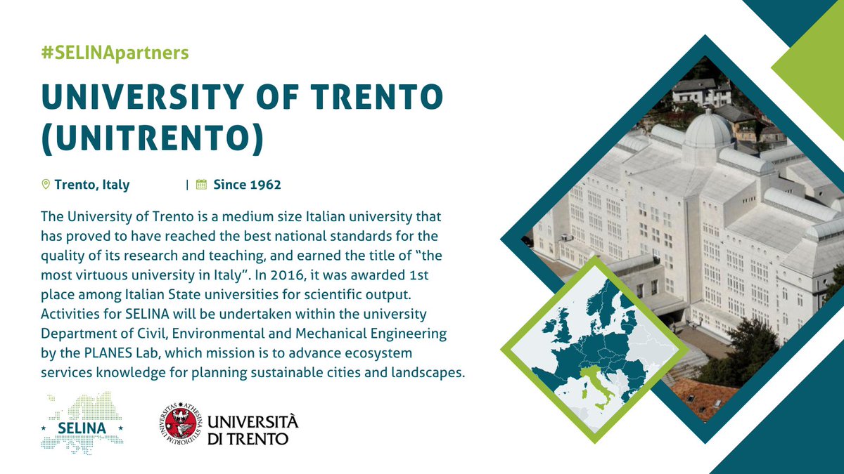 SELINA Project (Horizon Europe) (@selinahorizoneu) on Twitter photo 🧐 Next on #SELINApartners list is <a href="/UniTrento/">Università di Trento</a> 🇮🇹.
📌 It is a medium size Italian university that has proved to have reached the best national standards for the quality of its teaching, research and scientific output.
Learn more 👉project-selina.eu/partners 🧐 Next on #SELINApartners list is <a href="/UniTrento/">Università di Trento</a> 🇮🇹.
📌 It is a medium size Italian university that has proved to have reached the best national standards for the quality of its teaching, research and scientific output.
Learn more 👉project-selina.eu/partners