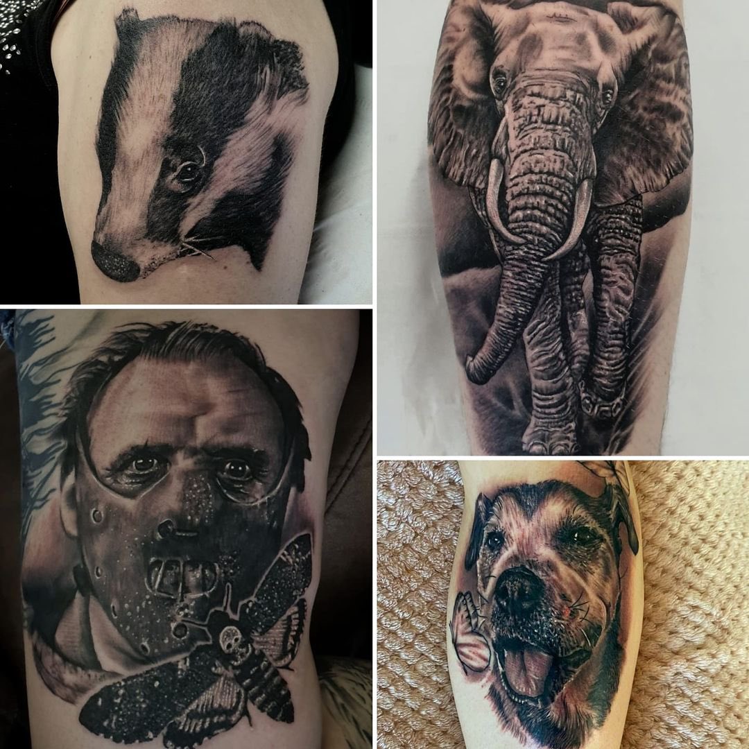 TattooObsession's tweet photo. Love tattooing black and grey realism, contact me with any tattoo requirements.
#tattoo #blackandgrey #portrait #tattoorealism #tattooink #hannibal #badger #elephant #pet #obsession #obsessiontattoos https://t.co/wnLrX1Sp8h