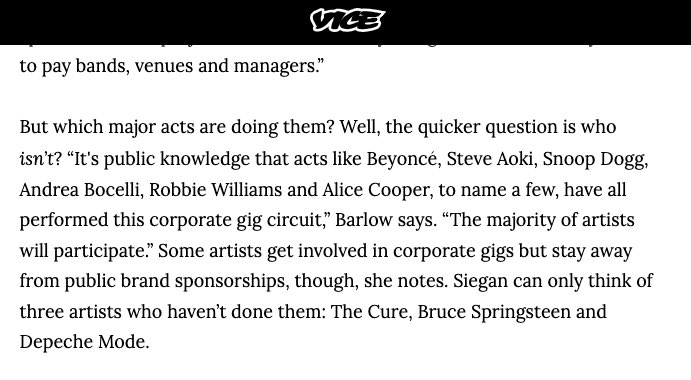 DuncanIlling's tweet photo. See last line. The only major acts that refuse corporate gigs. Respect. 2 of my favourite bands, love them even more for this. #TheCure #DepecheMode #corporategigs #livemusic #brucespringsteen #vicemagazine https://t.co/ZZ6pNmuSMe