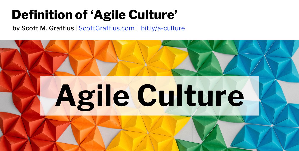 ScottGraffius's tweet photo. 'Agile Scrum' author @ScottGraffius on #AgileCulture ...

“Culture is defined as the set of shared attitudes, values, and practices that characterizes a group or organization. An organization has an agile culture when its environment is inclusive of attitudes, values, and practices which enables it — and its teams and individuals — to manifest being adaptive, flexible, and responsive to complexity, uncertainty, and change.” — Scott M. Graffius

Source: Graffius, Scott M. (2020, November 27). Definition of Agile Culture. Available at: https://t.co/rdjqCf3j9b. DOI: 10.13140/RG.2.2.11170.35521.

Read more here: https://t.co/MBs9NrQGE8

#Agile #Culture #Definition #AgileCultureDefinition #DefinitionOfAgileCulture #Agility #BusinessAgility #OrganizationalAgility #ChangeManagement