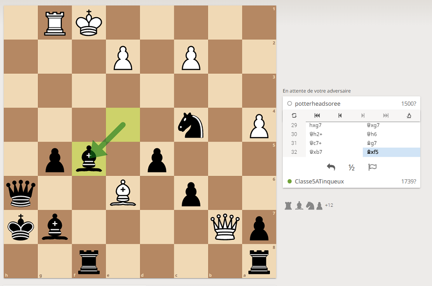 Bonjour <a href="/potterheadsoree/">Catherine Chotard</a> !
Nous jouons Fou prend pion en f5.
Attention ! Qui fait le malin, tombe dans le ravin ! 🤣😀😁
#Quotichess