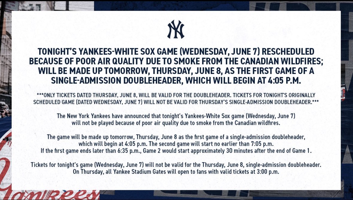 🔥Canadian wildfire smoke is impacting major sports events in New York as games are postponed to protect the health and safety of fans &amp; participants

🏟️ Climate change impacts don’t just apply to outdoor sport

🚨It’s time for more sports orgs to take action 

#sportpositive