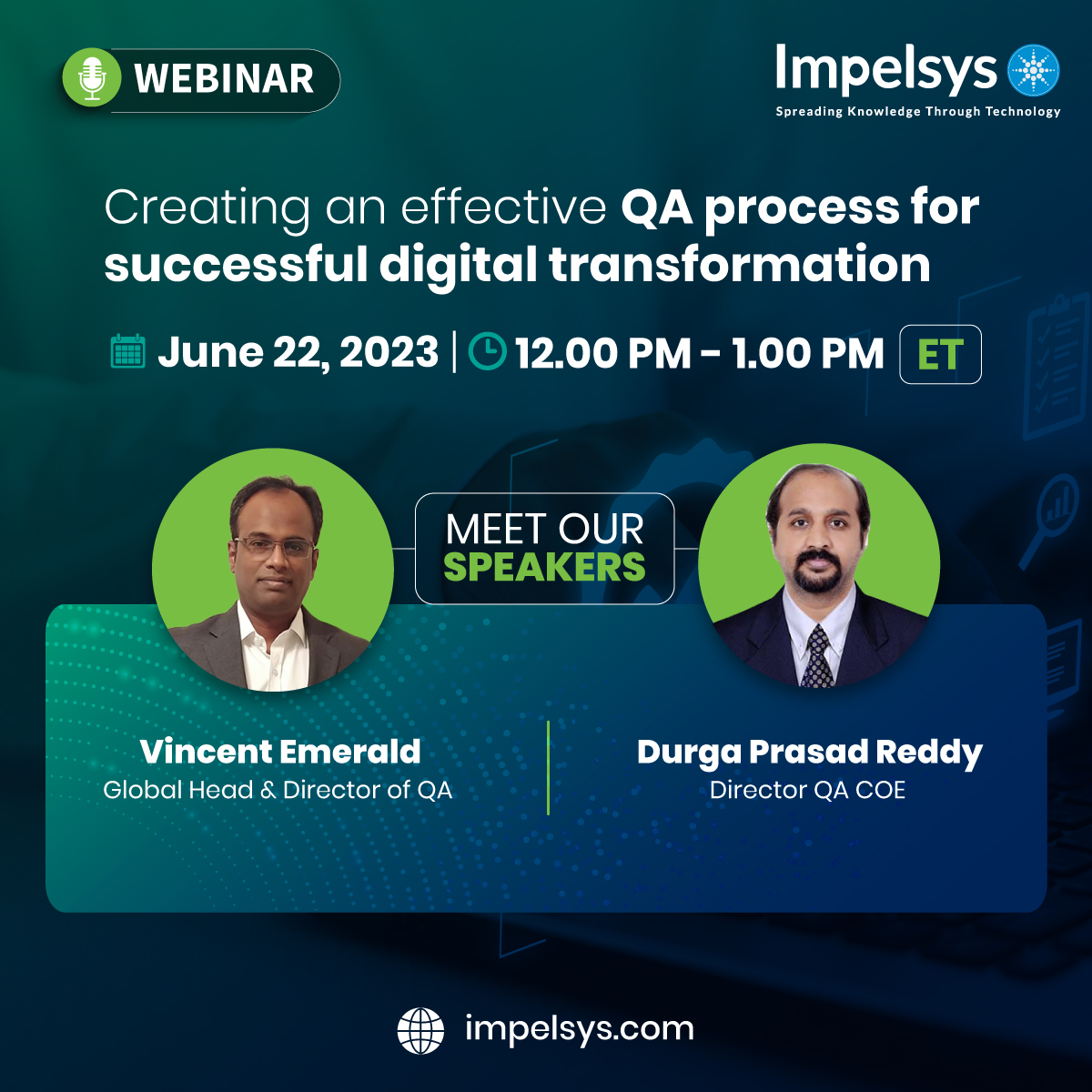 Impelsys's tweet image. Join the upcoming #webinar by #Impelsys on &apos;Creating an Effective #QAProcess for Successful #DigitalTransformation&apos; on June 22, Thursday from 12.00 pm - 1.00 pm ET. Register now at events.teams.microsoft.com/event/fcddaae3…
#QA #Testing #TestingServices #EndToEndTesting #QAAutomation