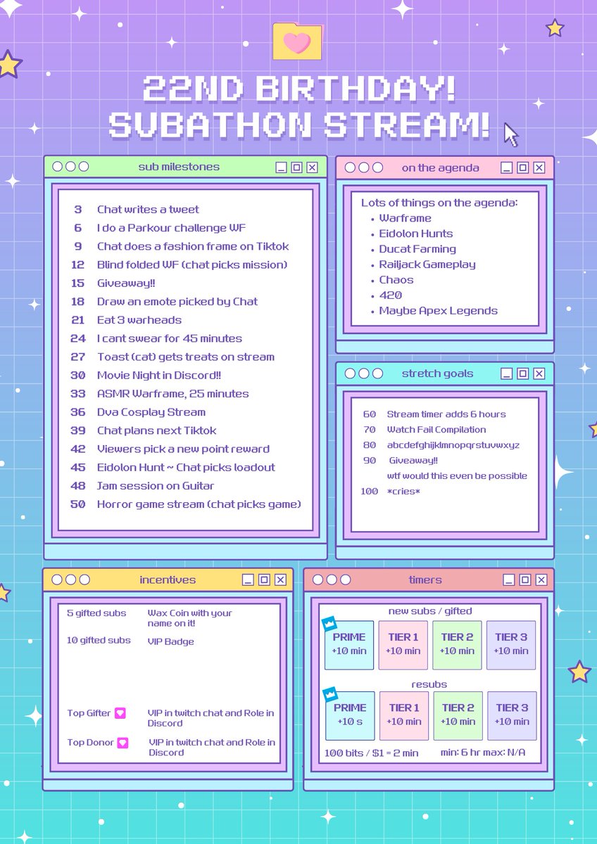 ClaireAnne_'s tweet photo. The official announcement for my 22nd birthday #subathon on #twitch Monday June 12th at 9:30pm pst! #Warframe #twitchstreamer https://t.co/138kPvTczj