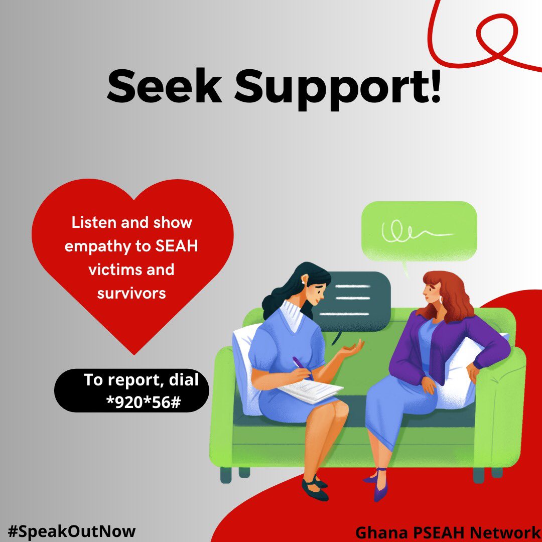 Speak out against SEAH, whether it’s happening to you or to someone else.
#GhanaPSEAHNetwork 
#Thereisnosexforaid 
#Healthcaremustbesafecare 
#Seekforhelp 
#SpeakOutNow 
#StopSEAHnow