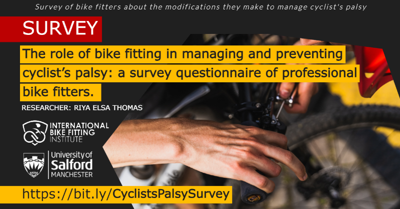 IBFI_cert's tweet photo. Hey bike fitters! Take part in this study which aims to determine the role of bike fitting in protecting cyclists' hands from nerve compression injuries (cyclist's palsy) with professional bike fitters.

/Riya Elsa Thomas

Research supervisor: @HP3_Tim @UoS_Physio