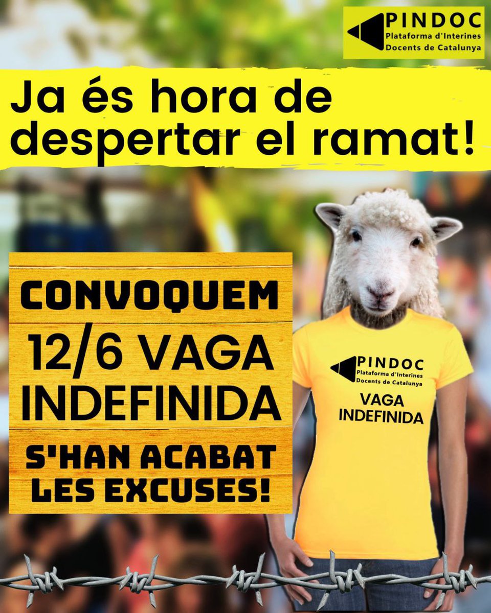 sergibuyolo's tweet photo. La @PINDOCxCAT convoca VAGA INDEFINIDA!

📅 Divendres 9 - 11h Roda de Premsa

📍Tribunal Laboral de Catalunya - C/ València 1

📅 Divendres 9 - 18.30h Assemblea telemàtica i live stream per @EspYouTube 

📅 Dilluns 12 - 11h mani. Pl. Urquinaona - Pl. Sant Jaume

#TsunamiDocent https://t.co/GZAjmvqIEl