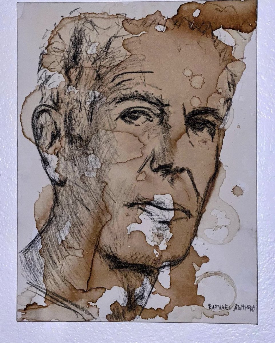 Remembering Anthony Bourdain (June 25, 1956 - June 8, 2018). Here’s a portrait of him I created. Crayon on coffee stained treated cloth canvas, 18”x24”. #art #anthonybourdain #painting