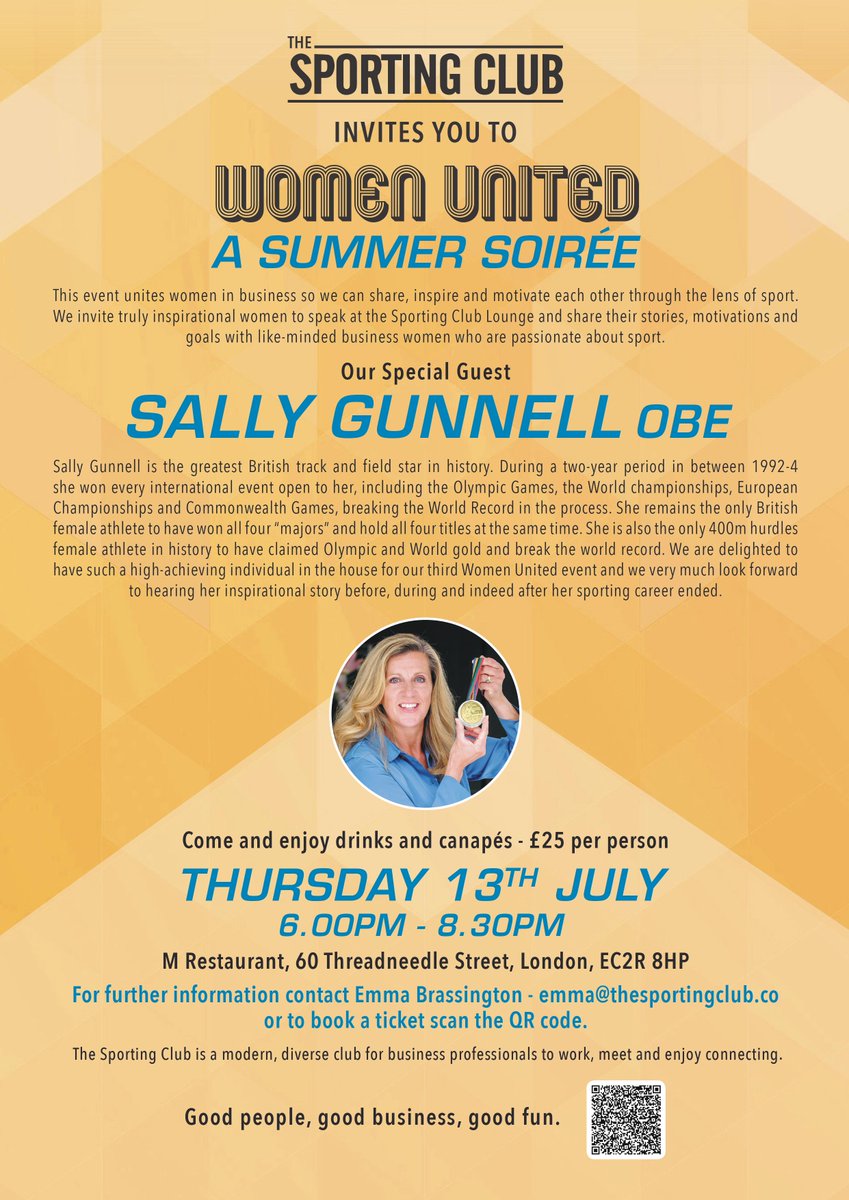 On July 13, we are welcoming one of the greatest British track and field stars to another Women United event!

Come and join <a href="/SallyGunnell/">Sally Gunnell OBE</a> at M City in London, and hear her inspirational story in the world of sport! You don't want to miss this!

Tickets: ticketsource.co.uk/the-sporting-c…