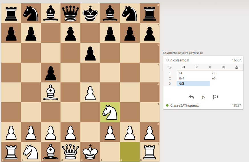 Bonjour @okkin_29 !
Nous jouons notre Cavalier en f3.
#Quoitichess